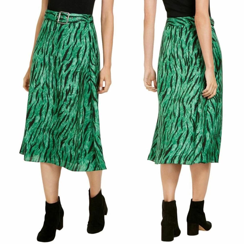 New INC Bright Green Animal Print Faux Belted Midi A-Line Skirt Sz 10